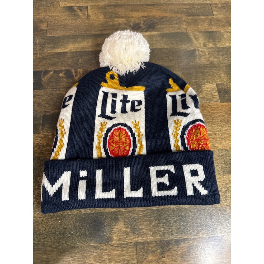 Miller Lite Beer Knit Beanie Navy Blue Pom Pom Winter Hat Cuffed Mens